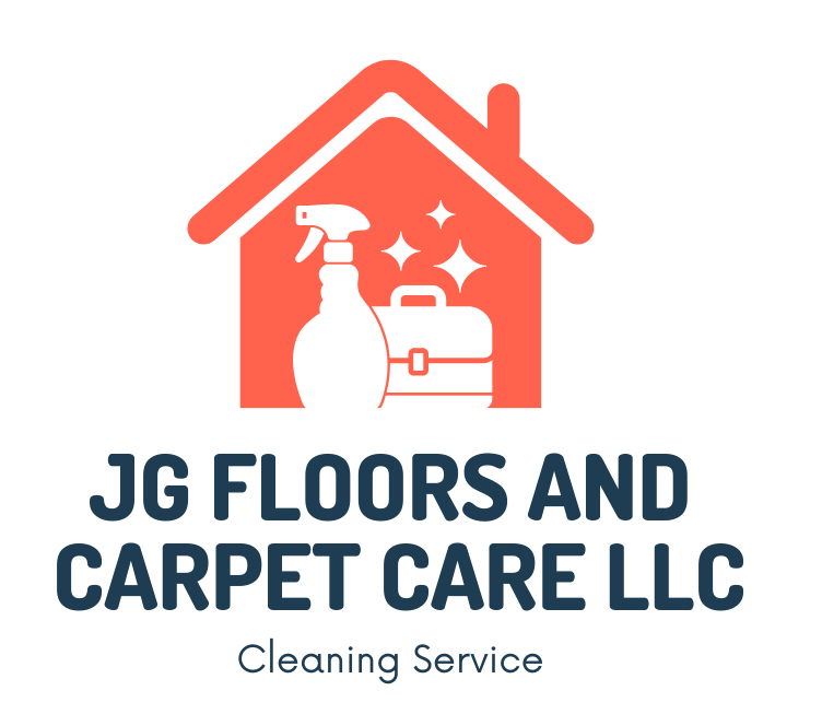 Logo for JG Floors and Carpet Care LLC: house silhouette with cleaning supplies and text
